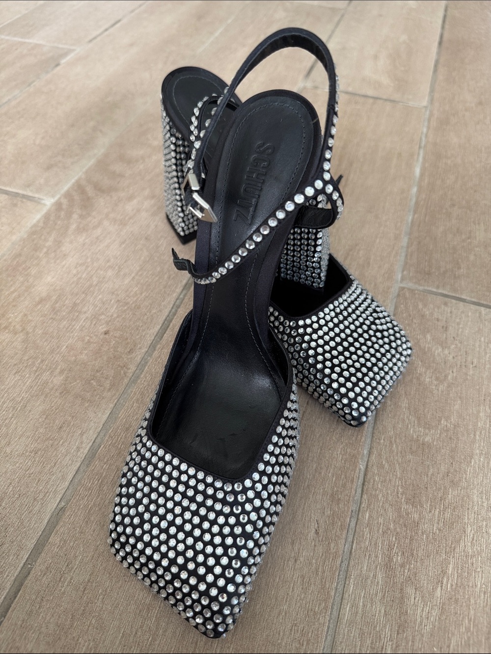 SCHUTZ Black Rhinestone Square-Toe Slingback Heels 10 Jaycie - Picture 10 of 12